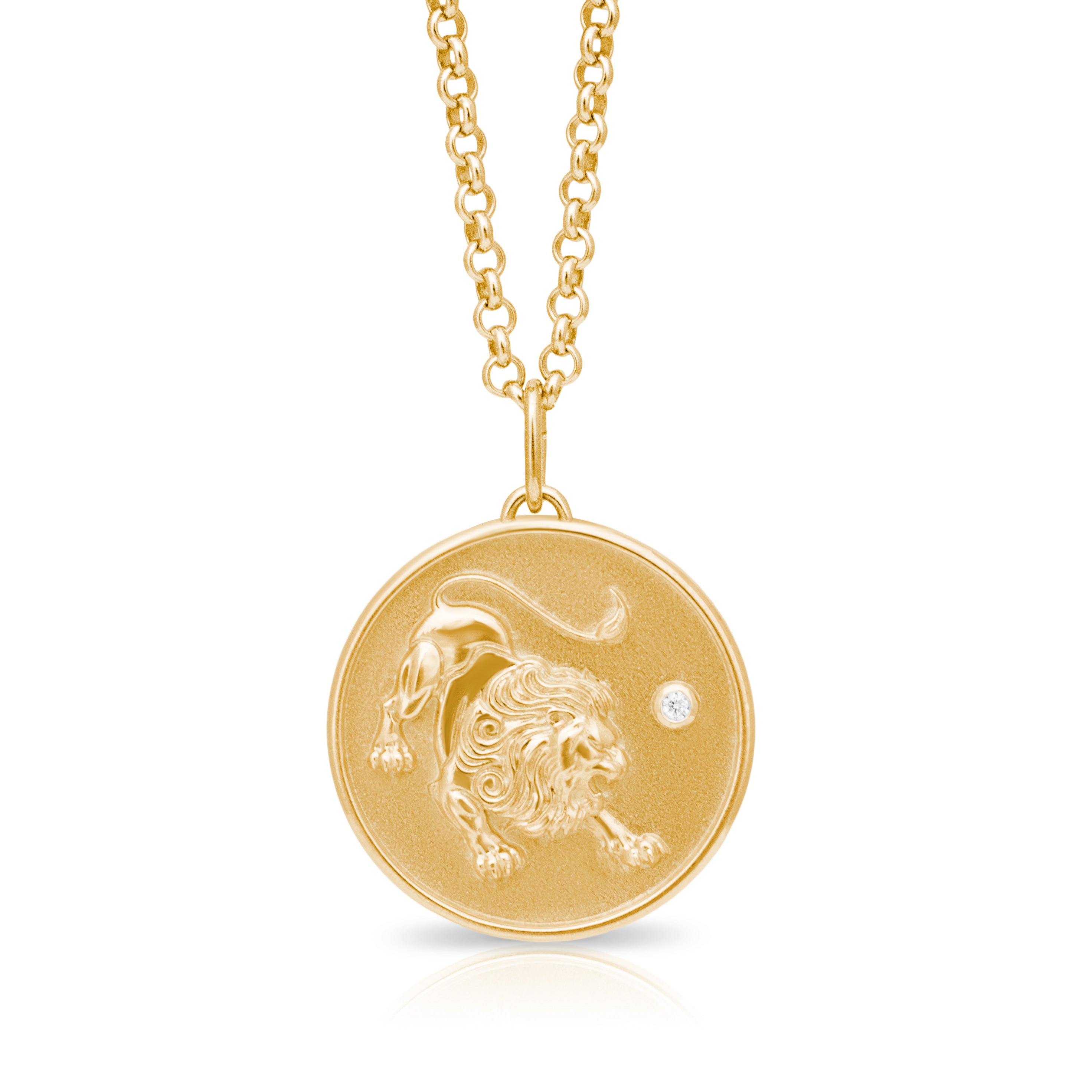 Leo Zodiac pendant. Leo Zodiac necklace. Medallion. Gold zodiac pendant. Solid gold and diamond pendant. Disc pendant. Gold disc pendant. 