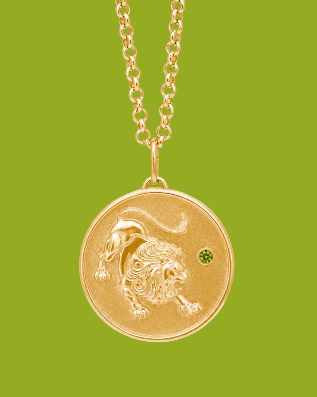 Leo Zodiac pendant. Leo Zodiac necklace.  Birthstone pendant. Birthstone jewellery. Medallion. Gold zodiac pendant. Solid gold and Peridot pendant. Disc pendant. Gold disc pendant.