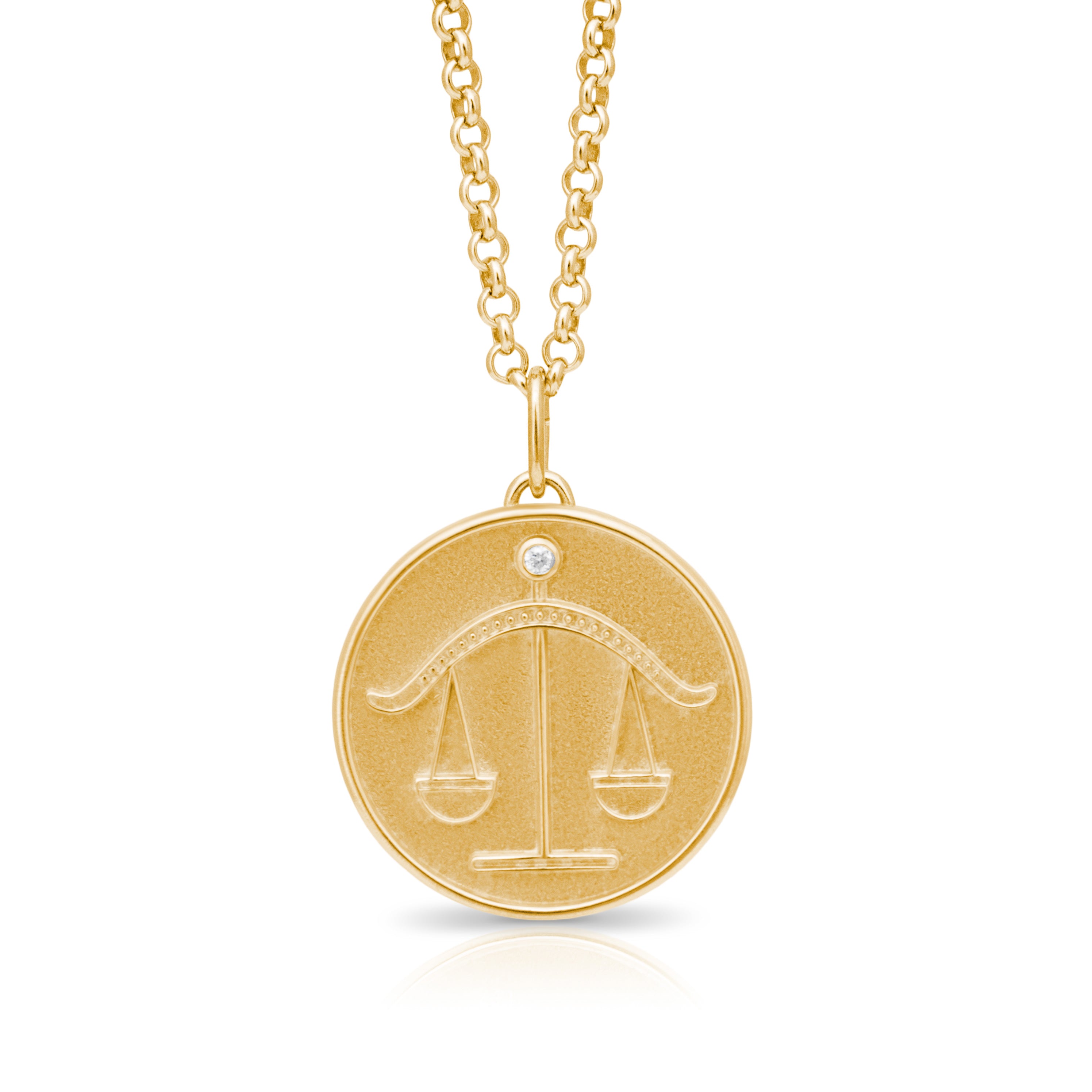 Libra Zodiac pendant. Libra Zodiac necklace.  Birthstone pendant. Birthstone jewellery. Medallion. Gold zodiac pendant. Solid gold and Diamond pendant. Disc pendant. Gold disc pendant.