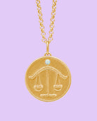 Libra Zodiac pendant. Libra Zodiac necklace.  Birthstone pendant. Birthstone jewellery. Medallion. Gold zodiac pendant. Solid gold and Opal pendant. Disc pendant. Gold disc pendant.