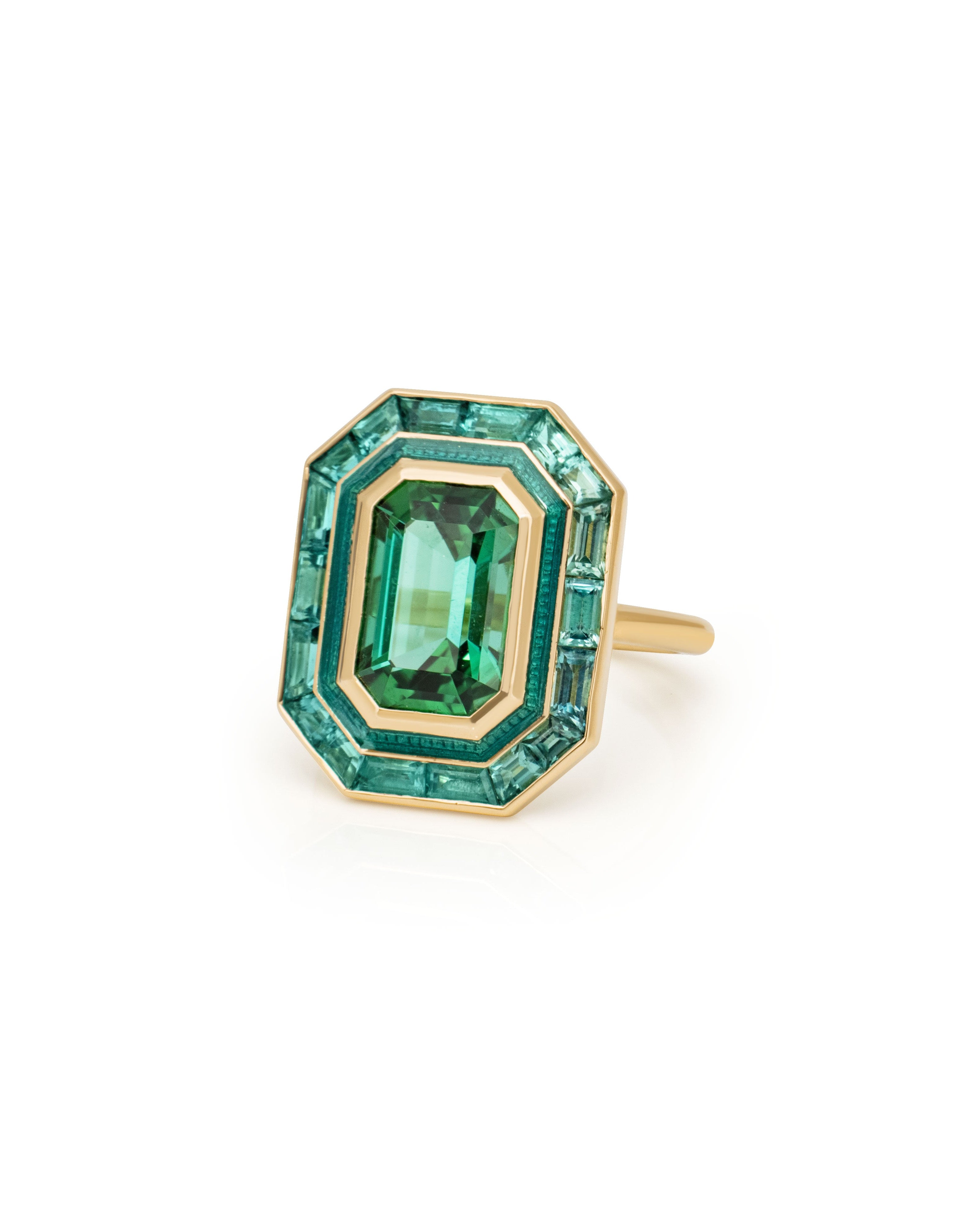 Lagoon green Tourmaline target ring. Enamel ring. Green gemstone ring. Tourmaline ring