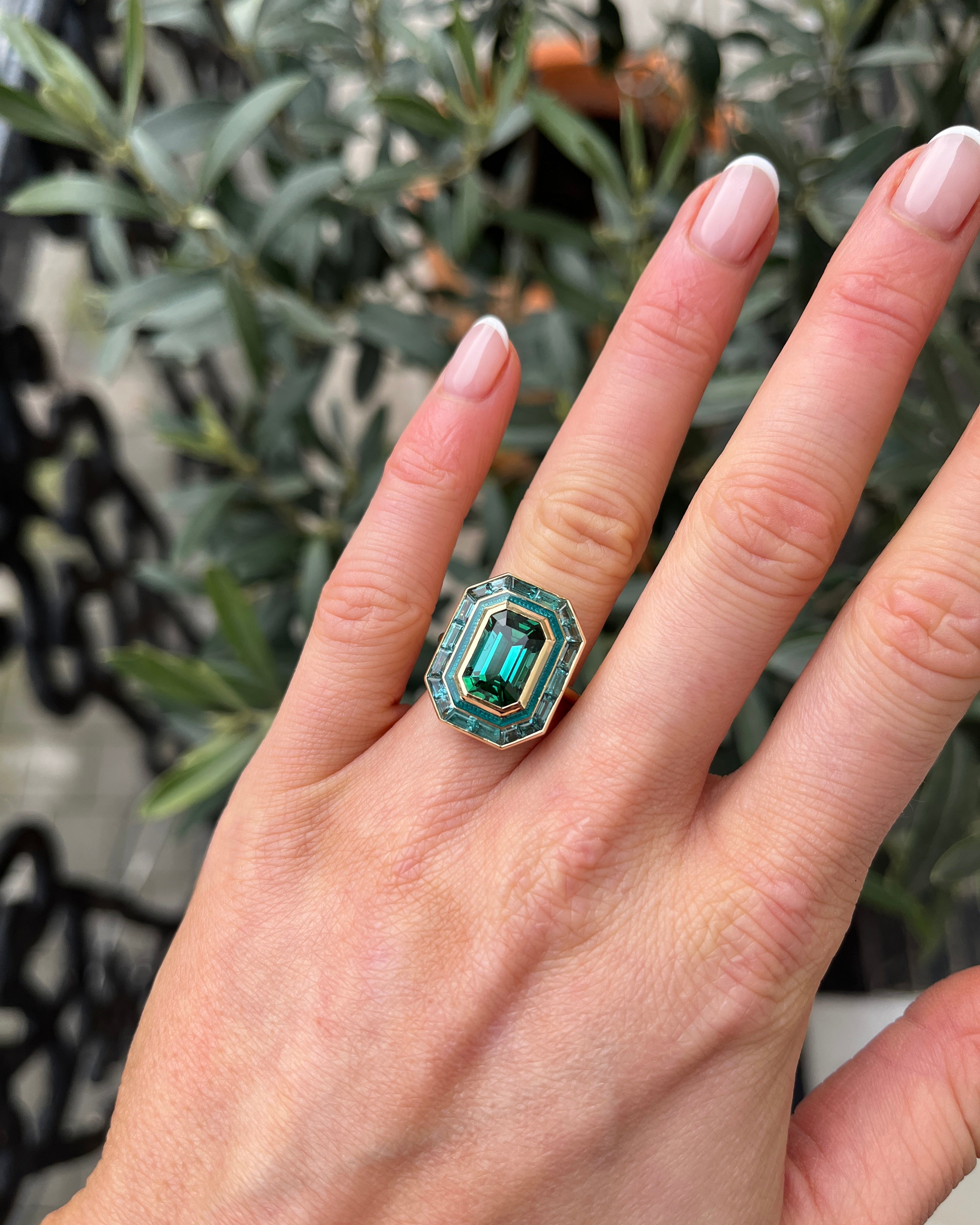 Lagoon green Tourmaline target ring. Enamel ring. Green gemstone ring. Tourmaline ring