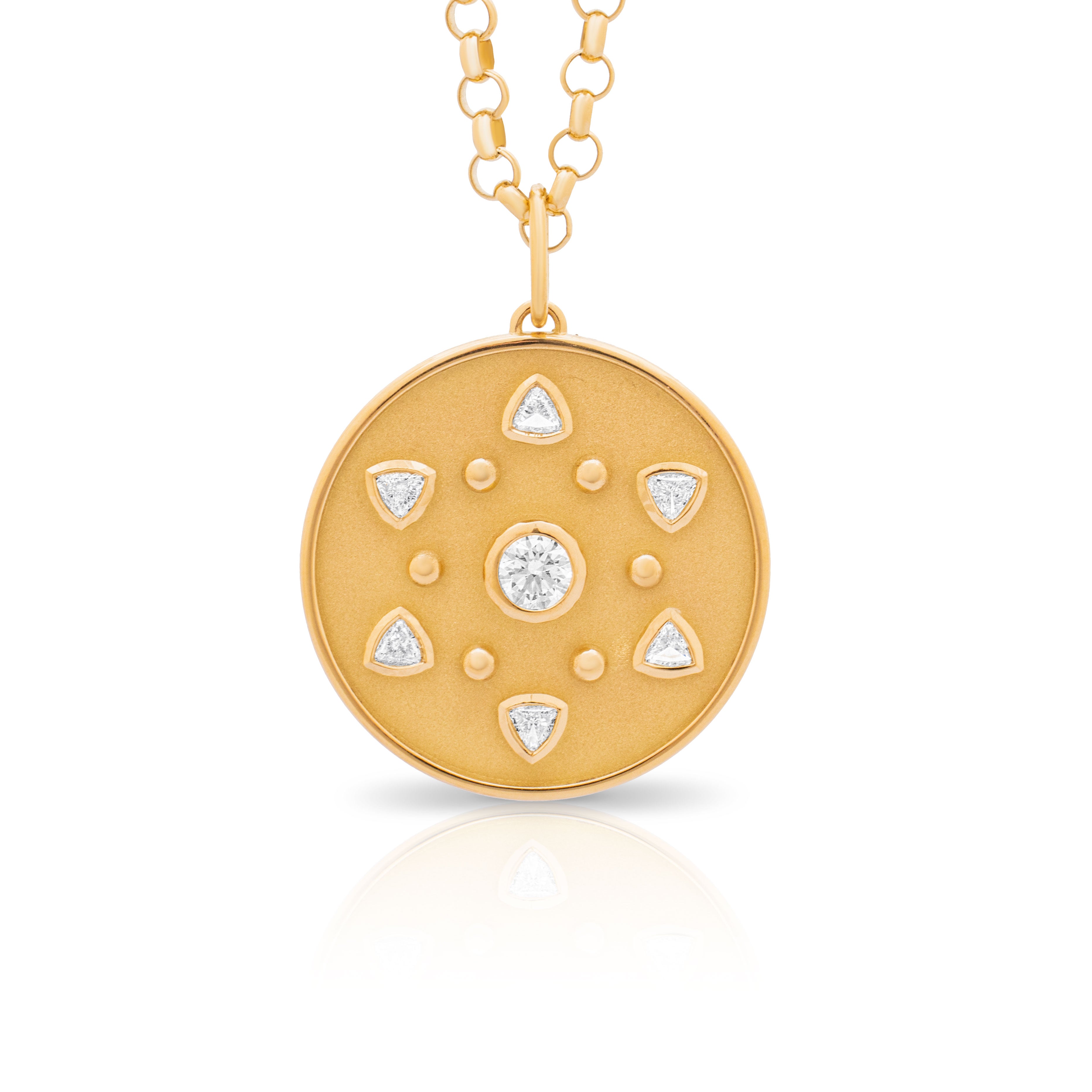 Gold medallion. 18 carat gold pendant. Diamond pendant. Diamond disc pendant. Sun Medallion. Diamond medallion. 