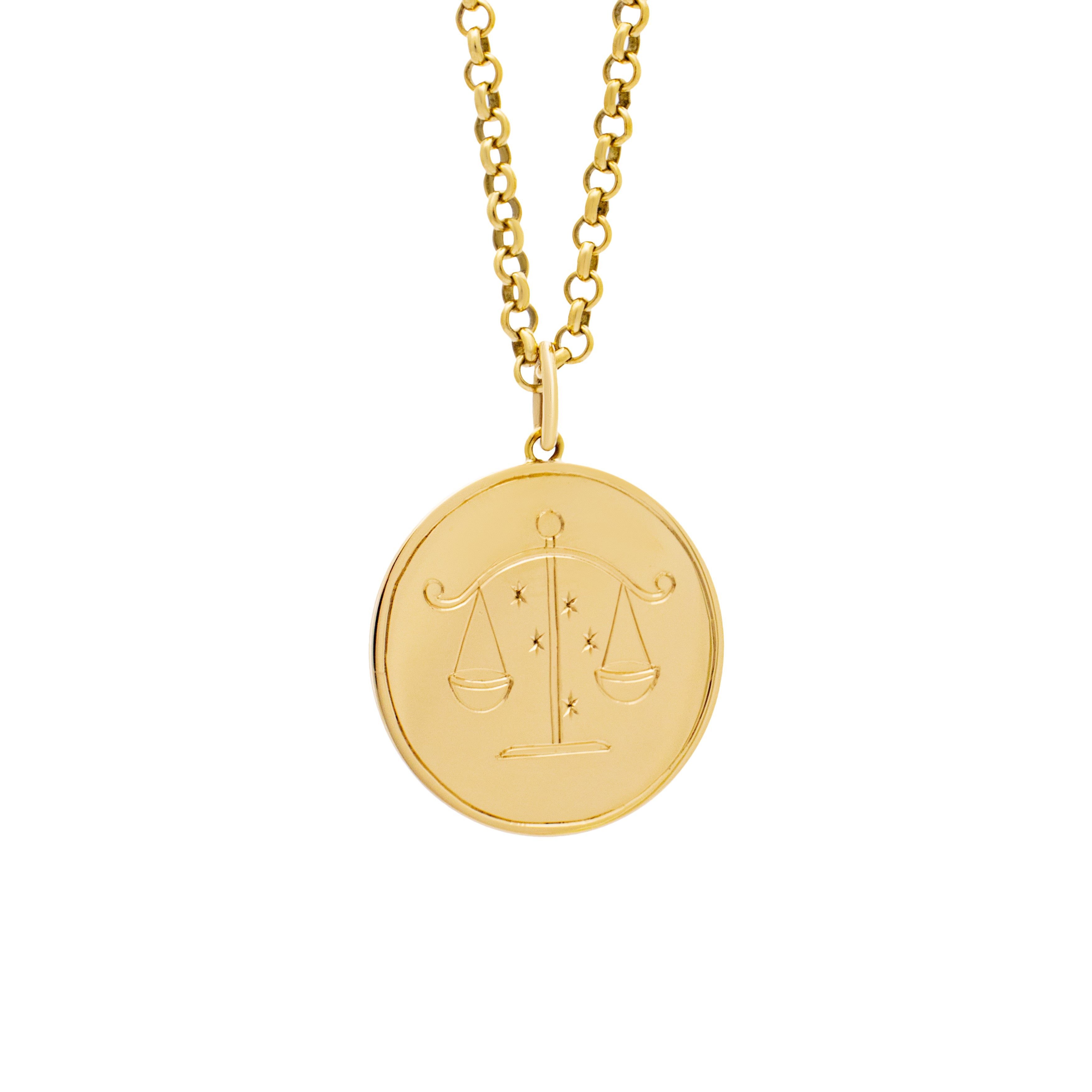 Libra jewellery. Libra pendant. Zodiac jewellery. Zodiac pendant. Star sign jewellery. Star sign pendant. Horoscope jewellery. Horoscope pendant. Gold disc pendant. 