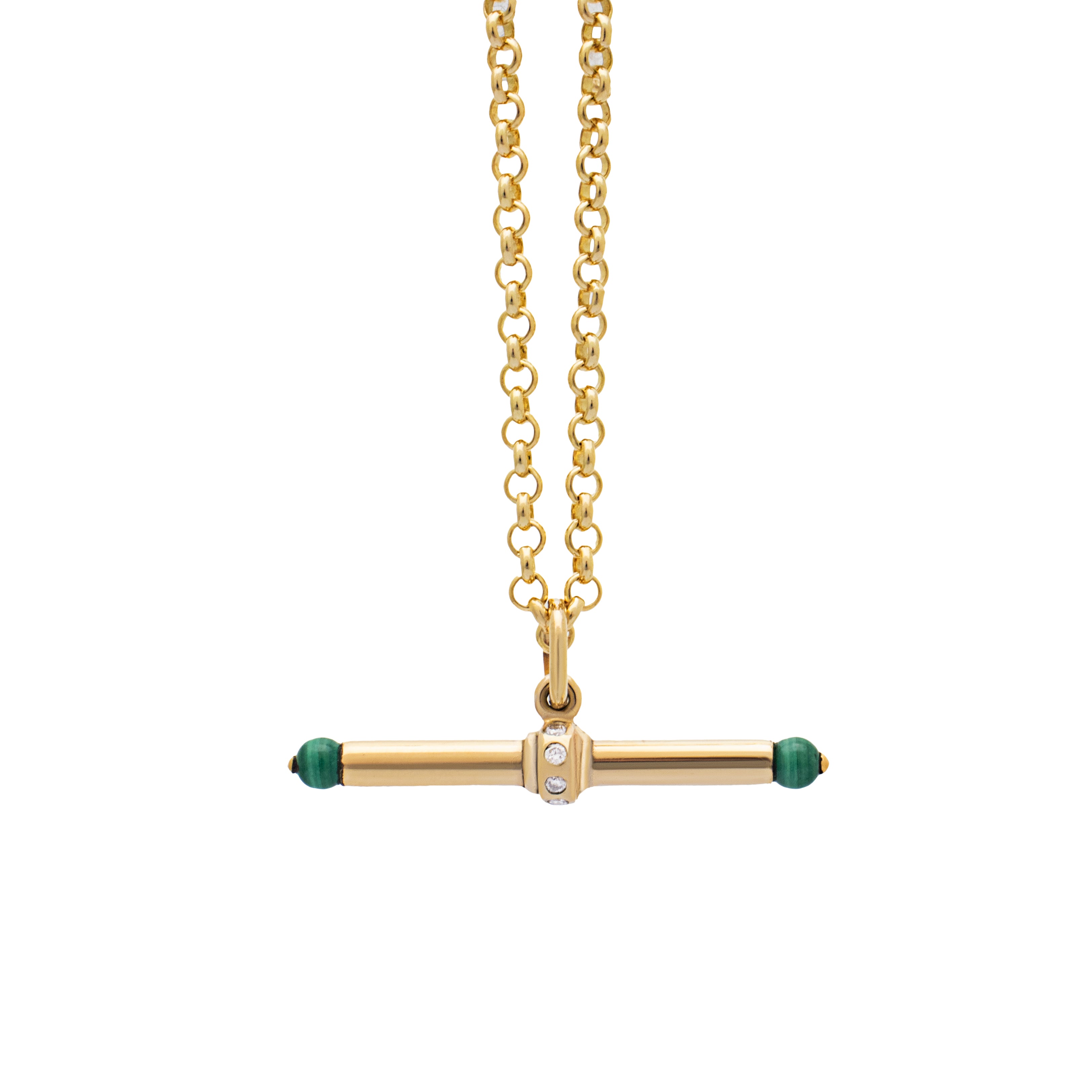 Malachite and Diamond T-bar pendant. T-bar pendant. Gemstone T-bar. Solid gold T-bar. Solid gold pendant. Green gemstone pendant. Diamond pendant.