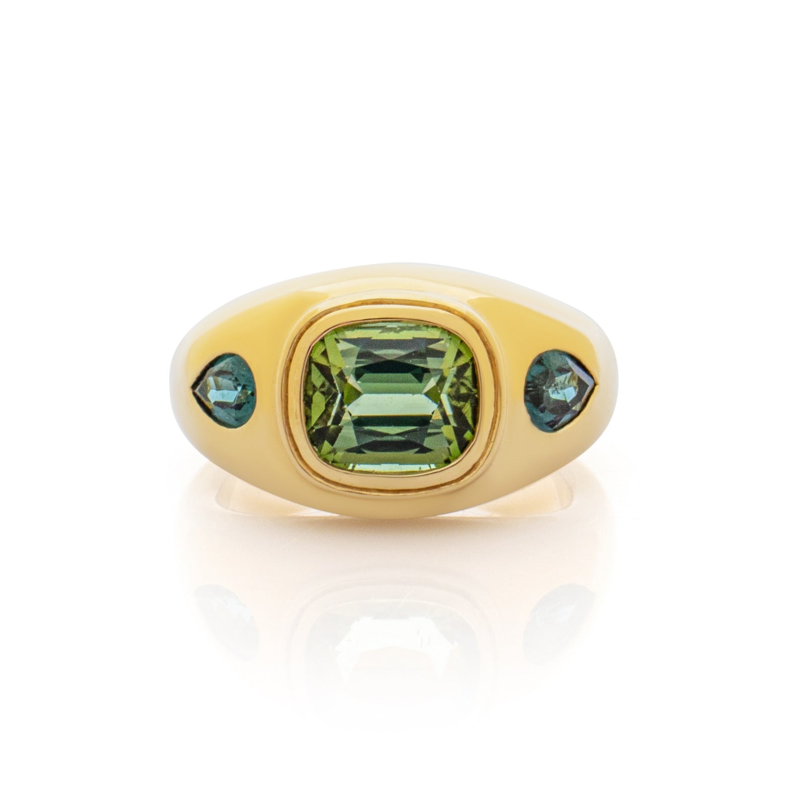 Green Tourmaline and teal Tourmaline Bombé Ring. Coloured Stone Ring. Bombé ring. Signet style ring. Gold ring. Chunky gold ring. Solid gold ring. Cocktail ring. 