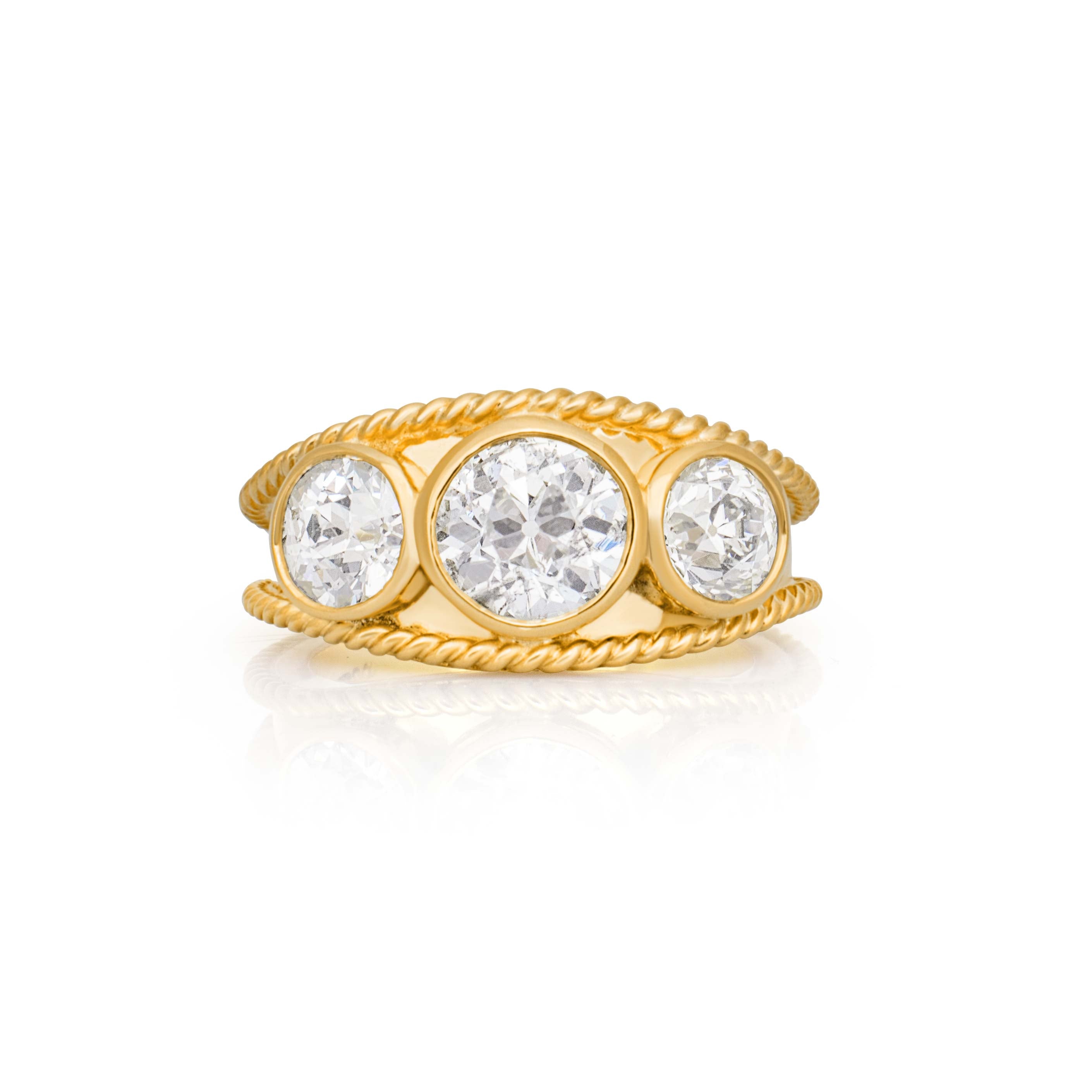 Classical ring. Twisted rope ring. Old cut diamond engagement ring. Trilogy ring