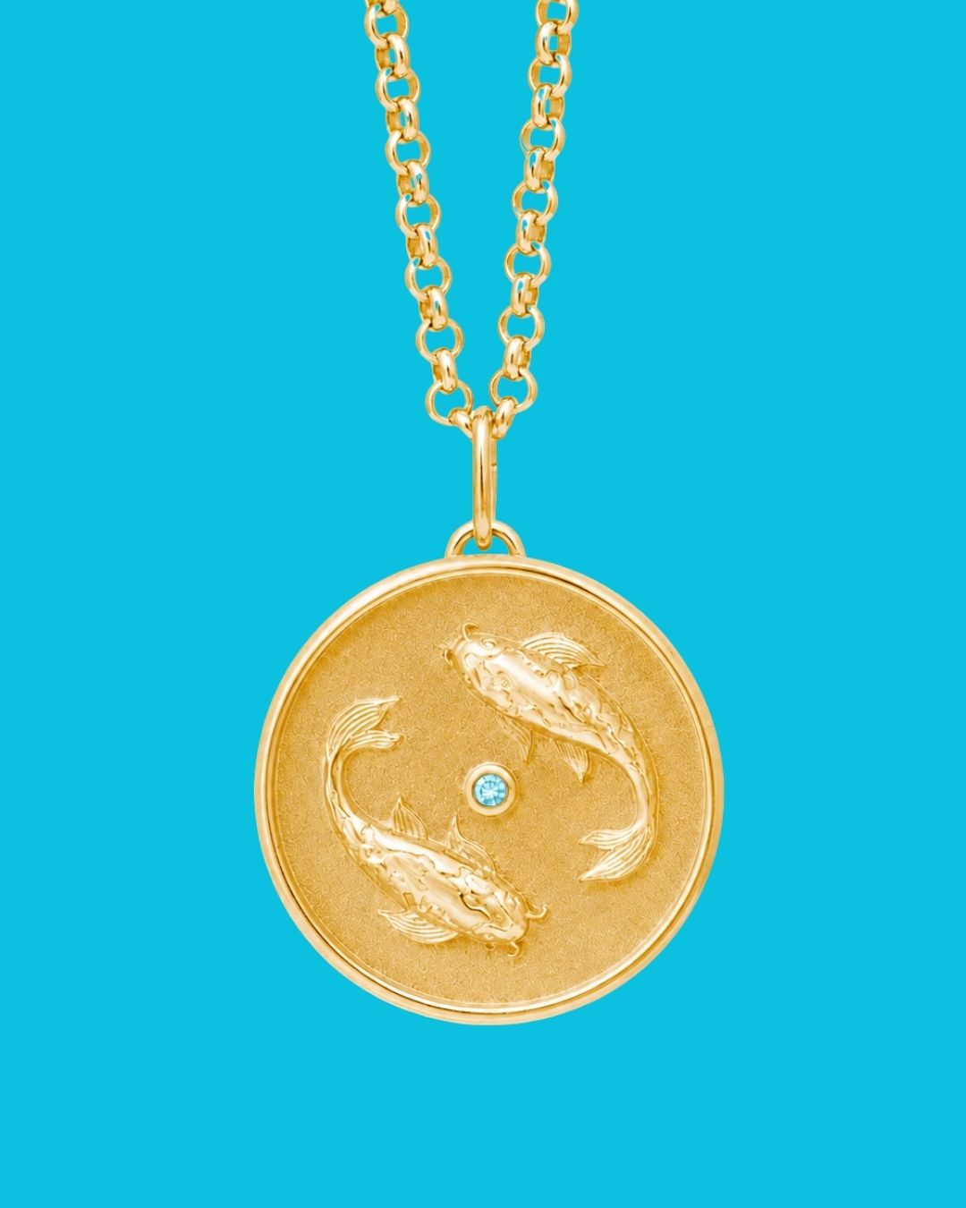 Pisces Zodiac pendant. Pisces Zodiac necklace.  Birthstone pendant. Birthstone jewellery. Medallion. Gold zodiac pendant. Solid gold and Aquamarine pendant. Disc pendant. Gold disc pendant.