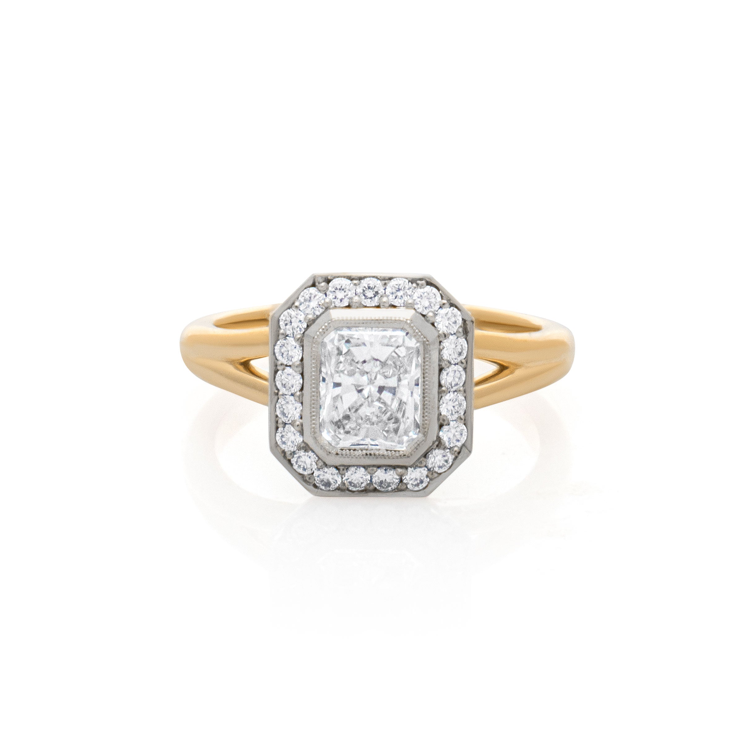 Radiant cut diamond engagement ring. Halo diamond ring