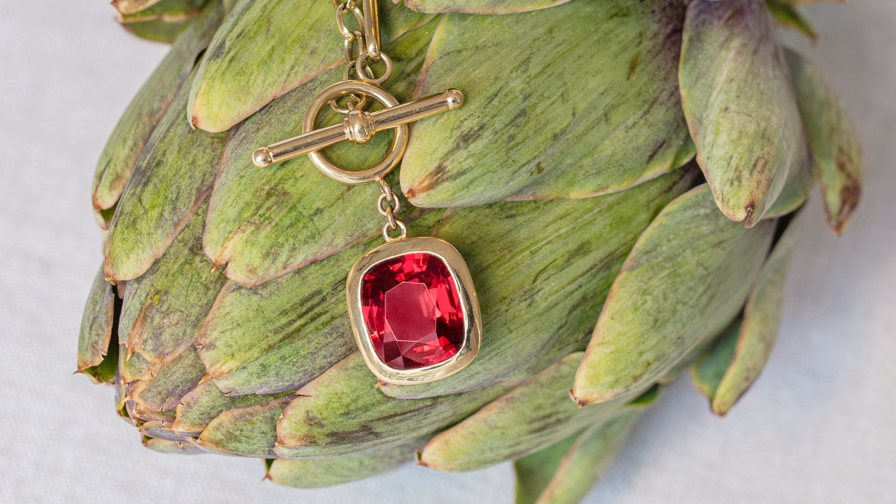 Red garnet T-bar. Tbar necklace. Big red gemstone. 