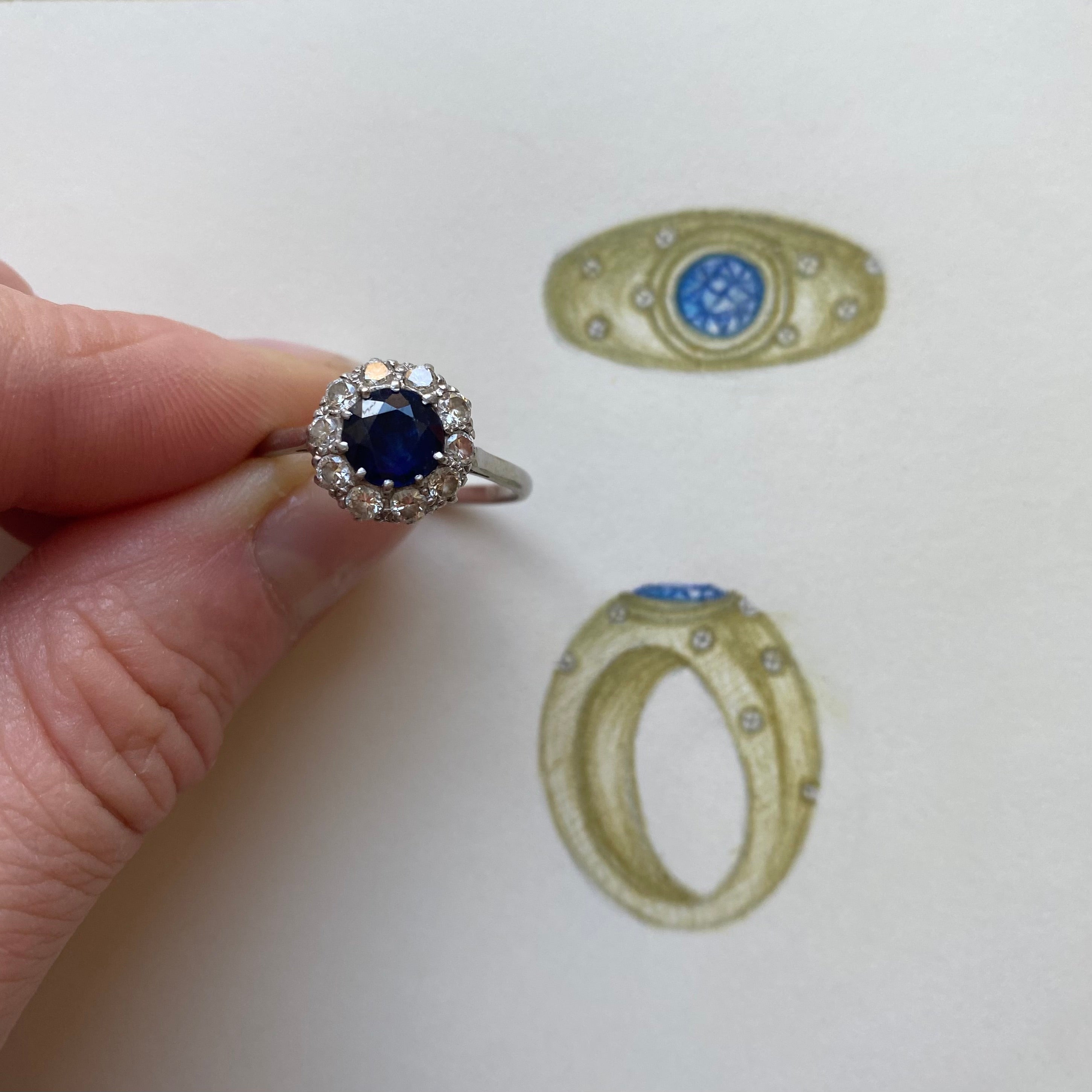 Sapphire and diamond bombé ring. Heirloom gemstones. Heirloom jewellery redesign. Serena Ansell Bespoke jewellery designer. Old jewellery redesign. Bespoke jeweller London. 