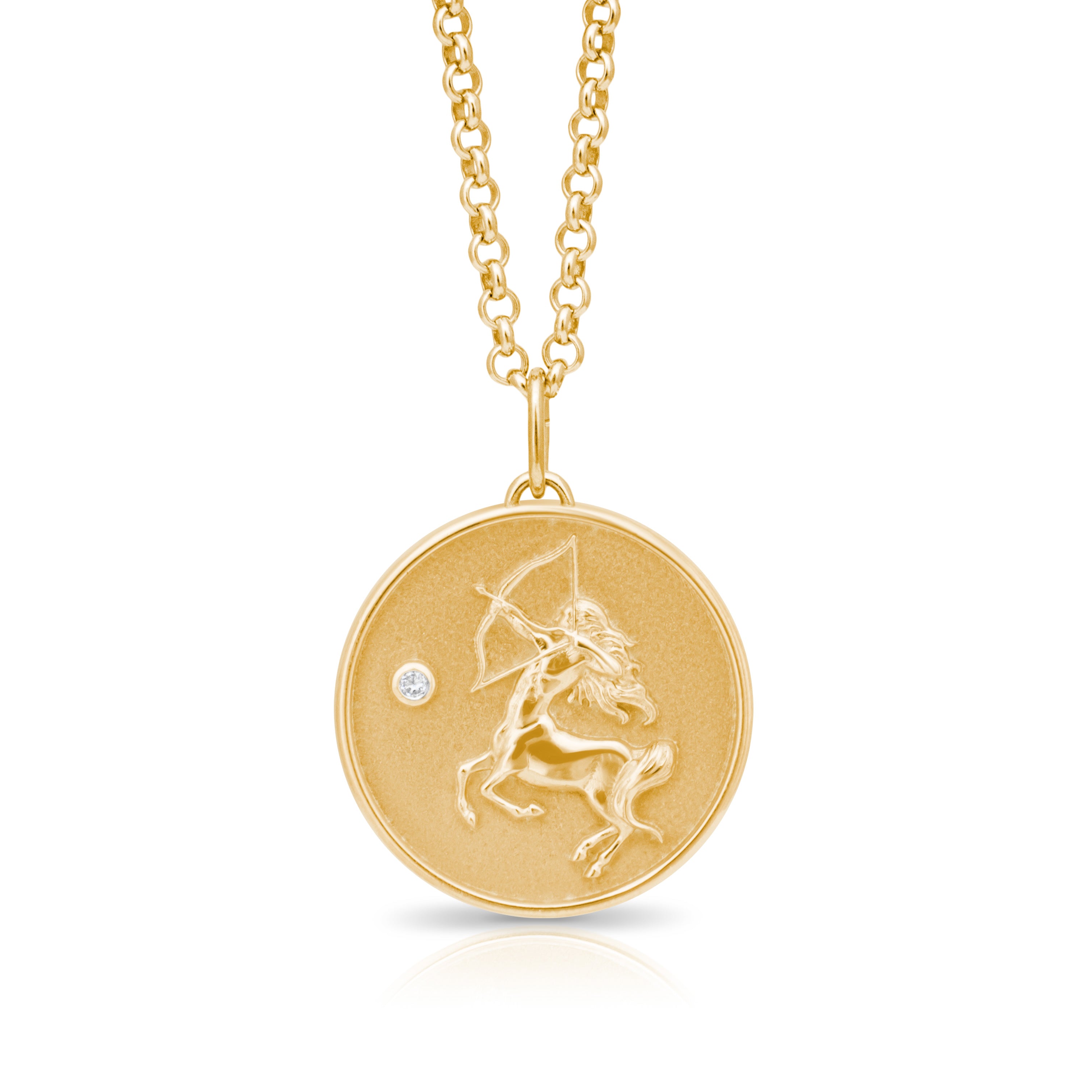 Sagittarius Zodiac pendant. Sagittarius Zodiac necklace.  Birthstone pendant. Birthstone jewellery. Medallion. Gold zodiac pendant. Solid gold and Diamond pendant. Disc pendant. Gold disc pendant.