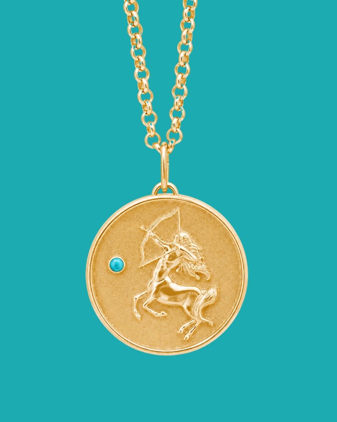 Sagittarius Zodiac pendant. Sagittarius Zodiac necklace.  Birthstone pendant. Birthstone jewellery. Medallion. Gold zodiac pendant. Solid gold and Turquoise pendant. Disc pendant. Gold disc pendant.