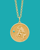 Sagittarius Zodiac pendant. Sagittarius Zodiac necklace.  Birthstone pendant. Birthstone jewellery. Medallion. Gold zodiac pendant. Solid gold and Turquoise pendant. Disc pendant. Gold disc pendant.