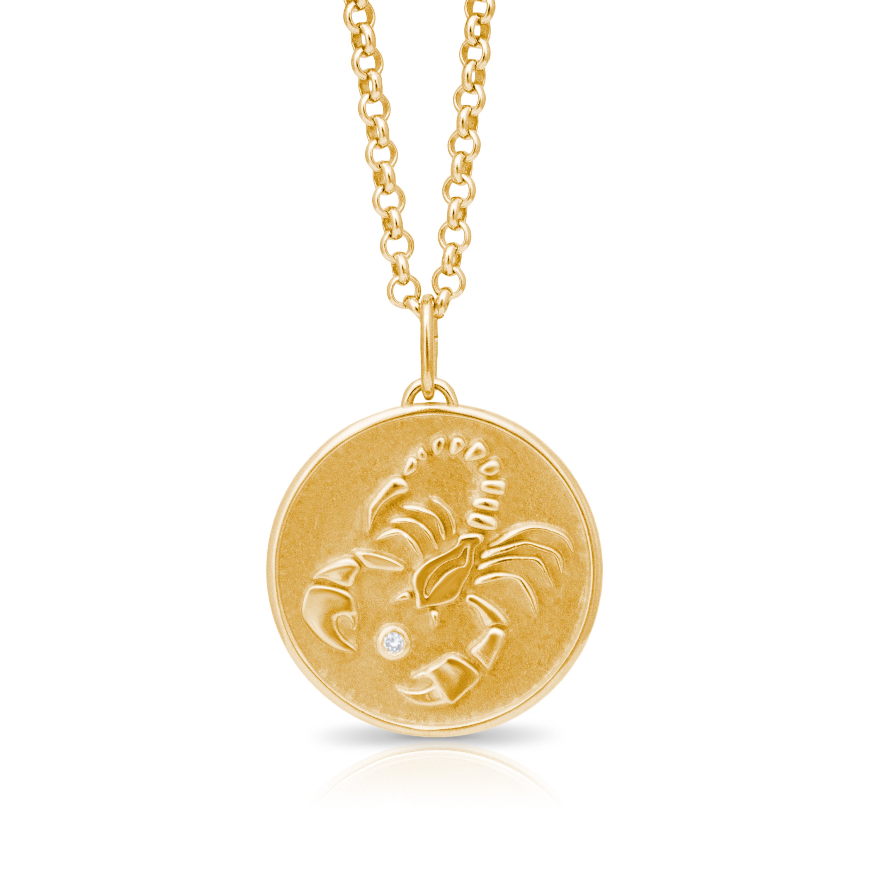 Scorpio Zodiac pendant. Scorpio Zodiac necklace.  Birthstone pendant. Birthstone jewellery. Medallion. Gold zodiac pendant. Solid gold and Diamond pendant. Disc pendant. Gold disc pendant.