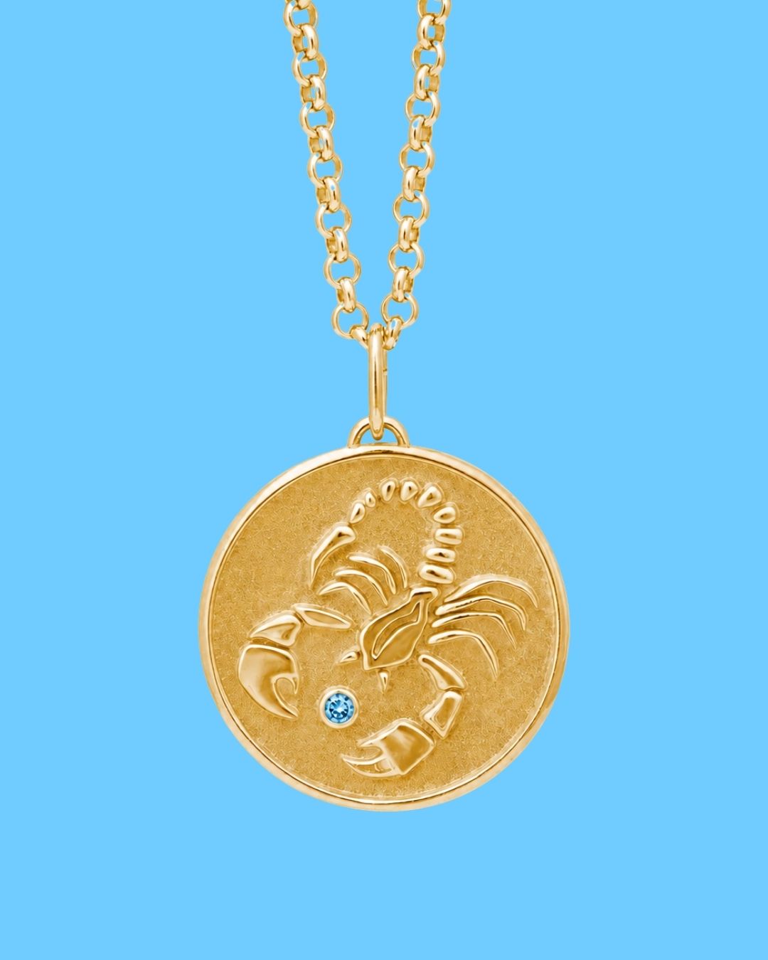 Scorpio Zodiac pendant. Scorpio Zodiac necklace.  Birthstone pendant. Birthstone jewellery. Medallion. Gold zodiac pendant. Solid gold and Topaz pendant. Disc pendant. Gold disc pendant.