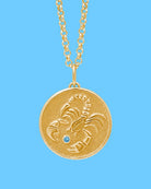 Scorpio Zodiac pendant. Scorpio Zodiac necklace.  Birthstone pendant. Birthstone jewellery. Medallion. Gold zodiac pendant. Solid gold and Topaz pendant. Disc pendant. Gold disc pendant.