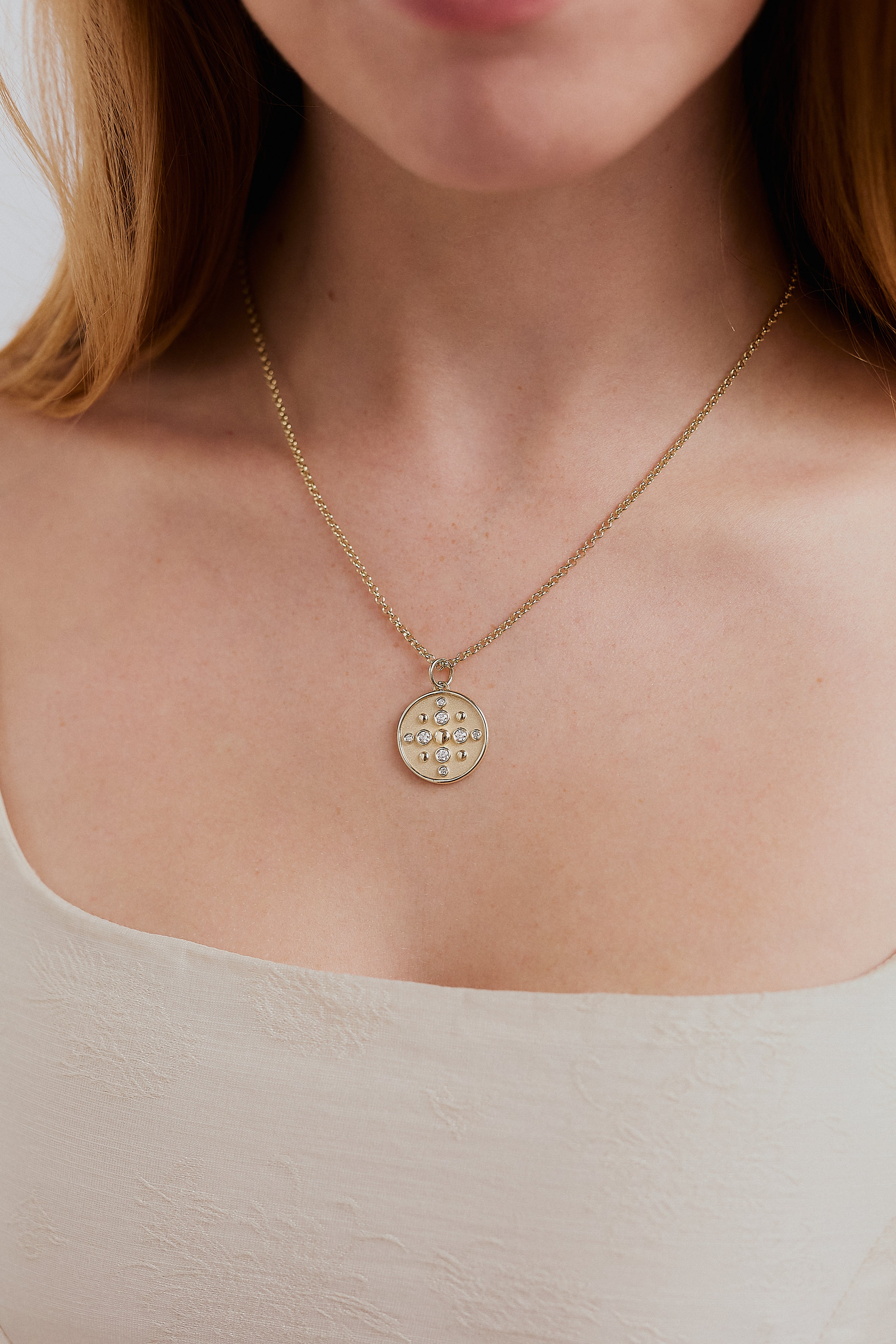 Seasons Medallion. Medallion pendant. Gold medallion. Diamond medallion. Solid gold and diamond pendant. Diamond disc pendant. Gold disc pendant. 