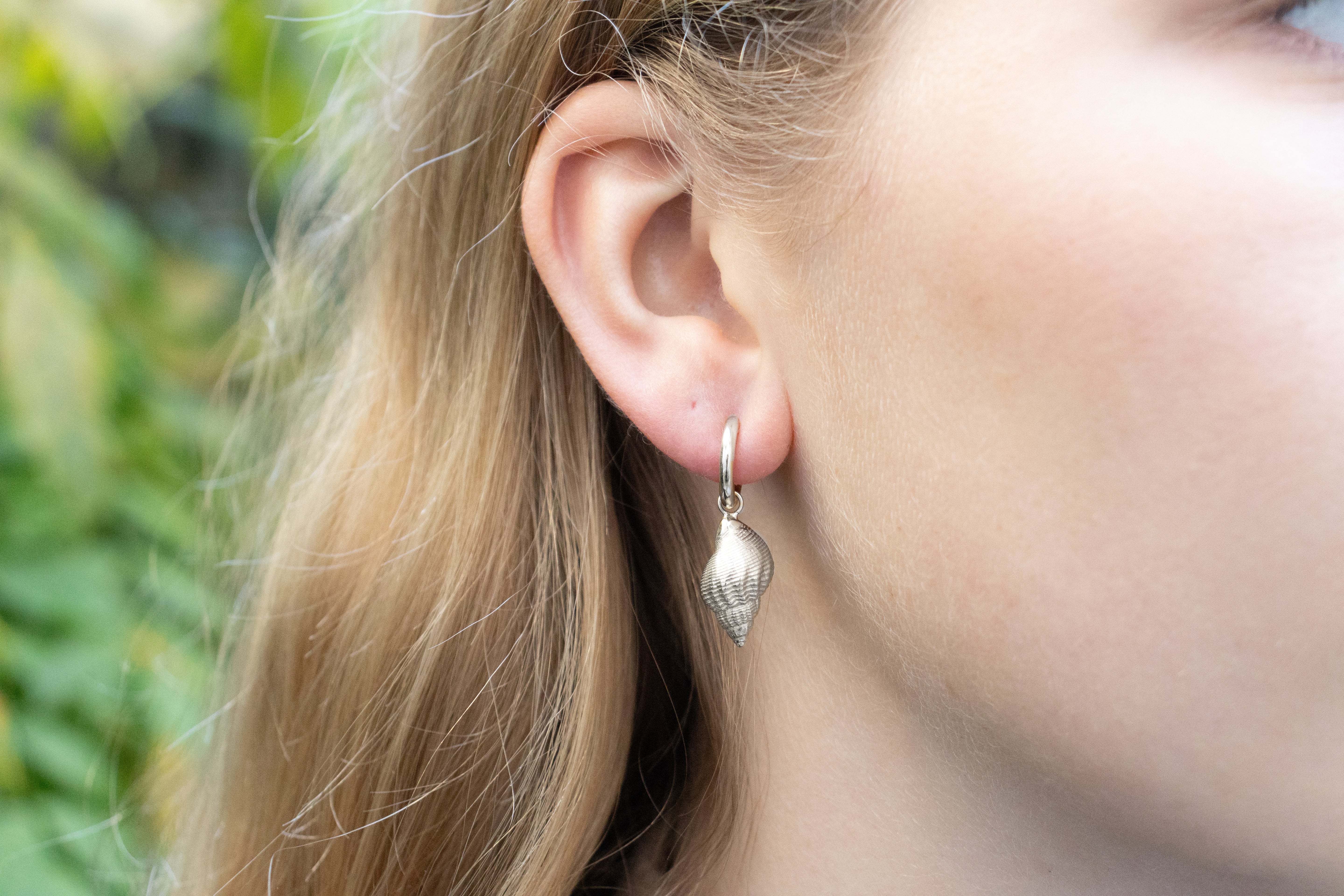West Wittering earrings. West Wittering shell. Whelk shell jewellery. Whelk shell earrings. West Wittering jewellery. Chichester jewellery. Shell earrings. Silver shell jewellery. Gold shell jewellery. Those Happy Places. Serena Ansell Jewellery.