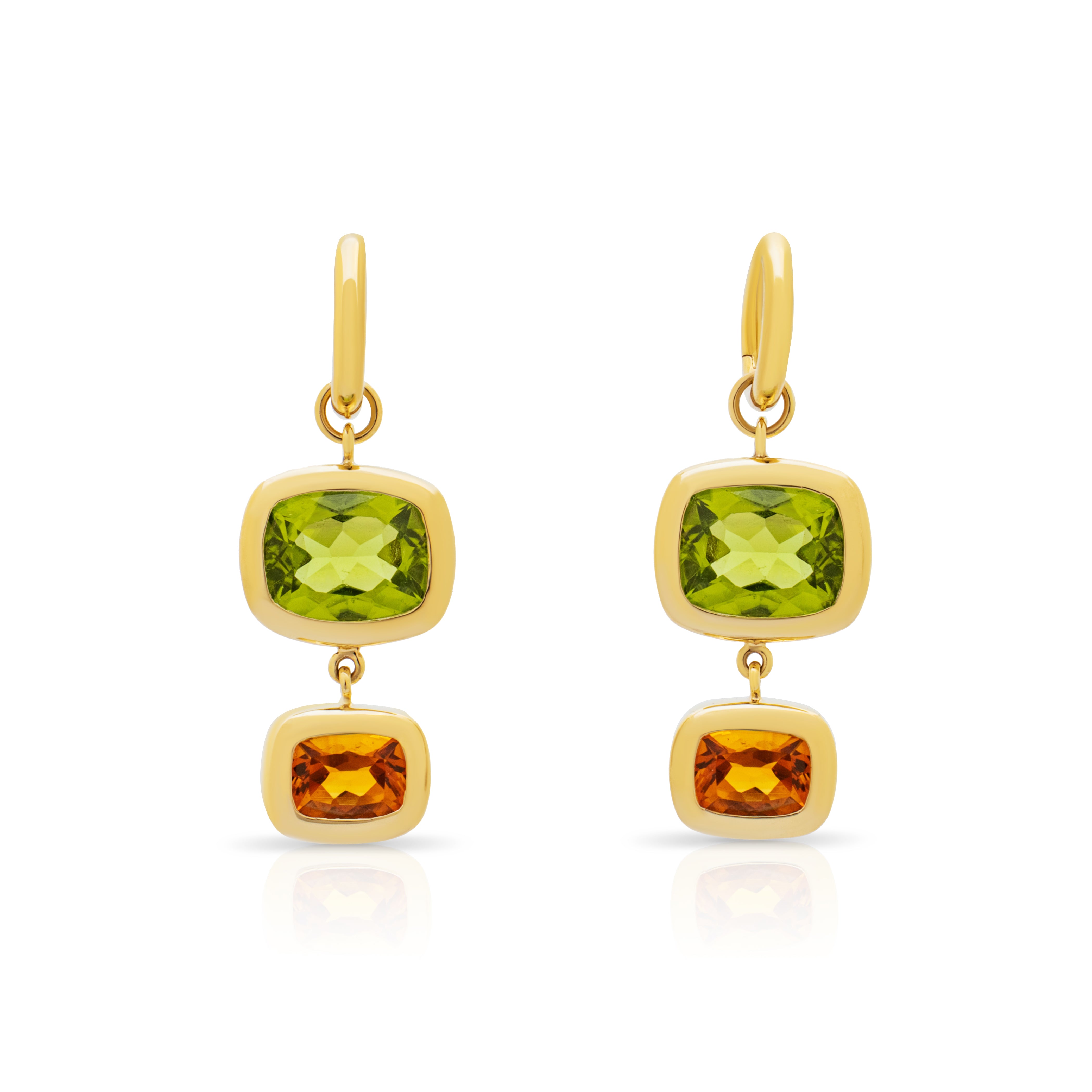 Peridot and Madeira Citrine earrings. Green gemstone earrings. Orange gemstone earrings. Big earrings. Statement earrings. Cocktail earrings. French 75 cocktail earrings. Cocktail jewellery. Double drop earrings.