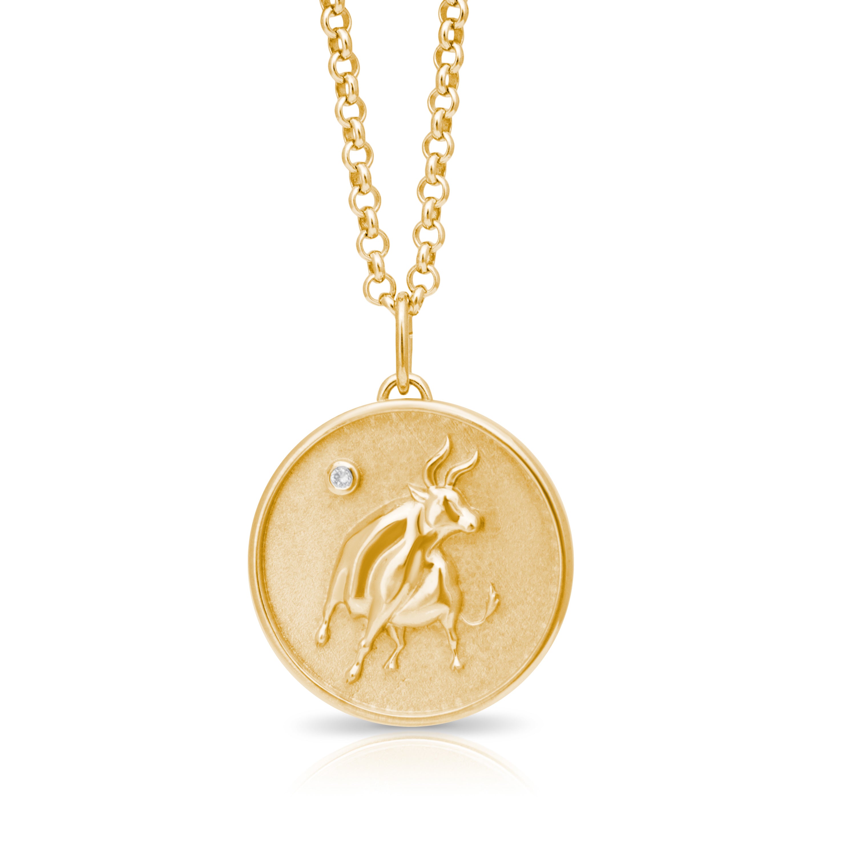 Taurus Zodiac pendant. Taurus Zodiac necklace.  Birthstone pendant. Birthstone jewellery. Medallion. Gold zodiac pendant. Solid gold and Diamond pendant. Disc pendant. Gold disc pendant.