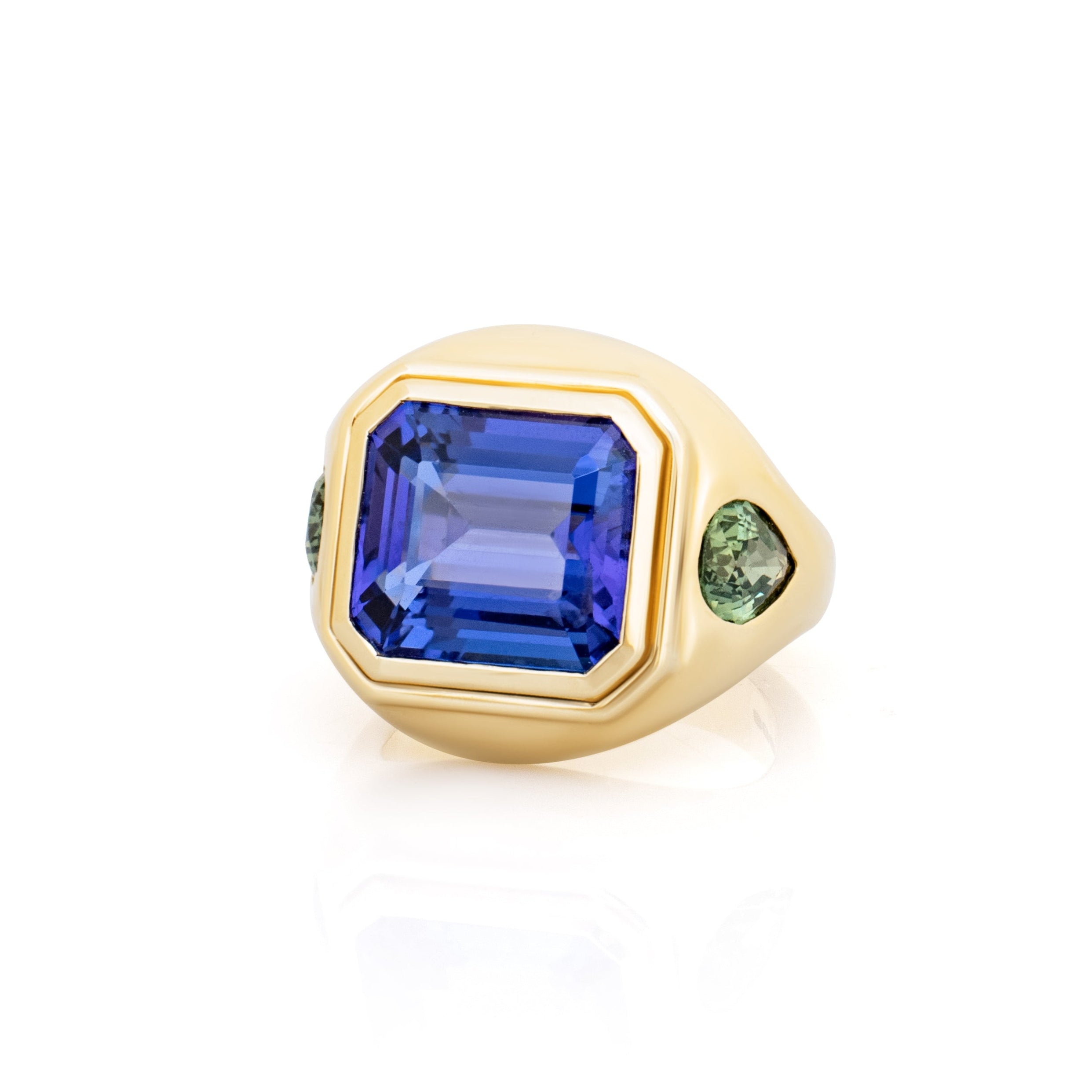Tanzanite ring. Green Sapphire ring. Tanzanite and green sapphire bombé ring. Chunky gemstone ring