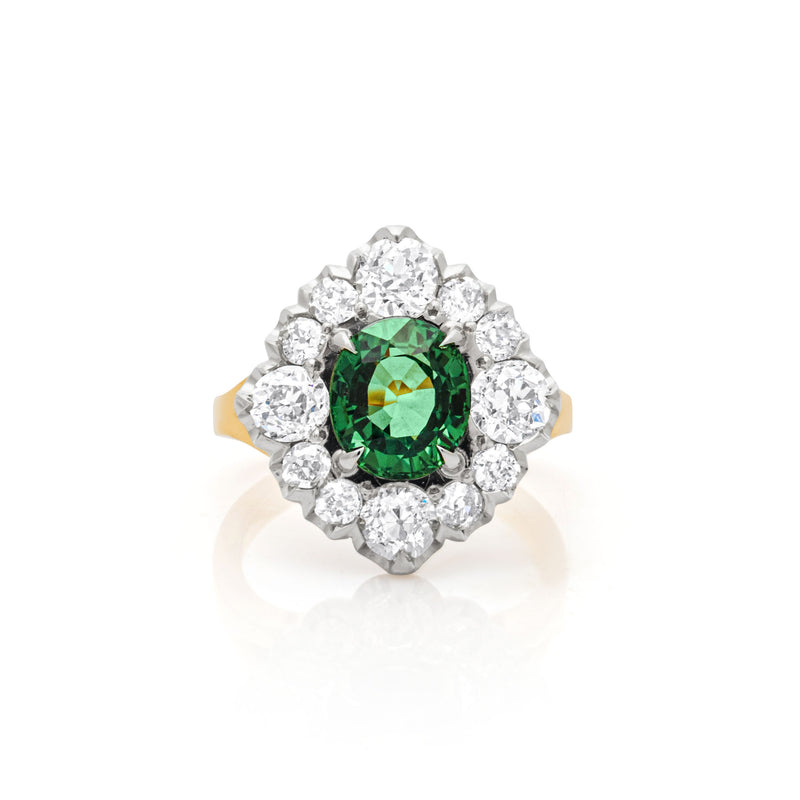 Teal Sapphire & Old-cut Diamond Cluster Ring