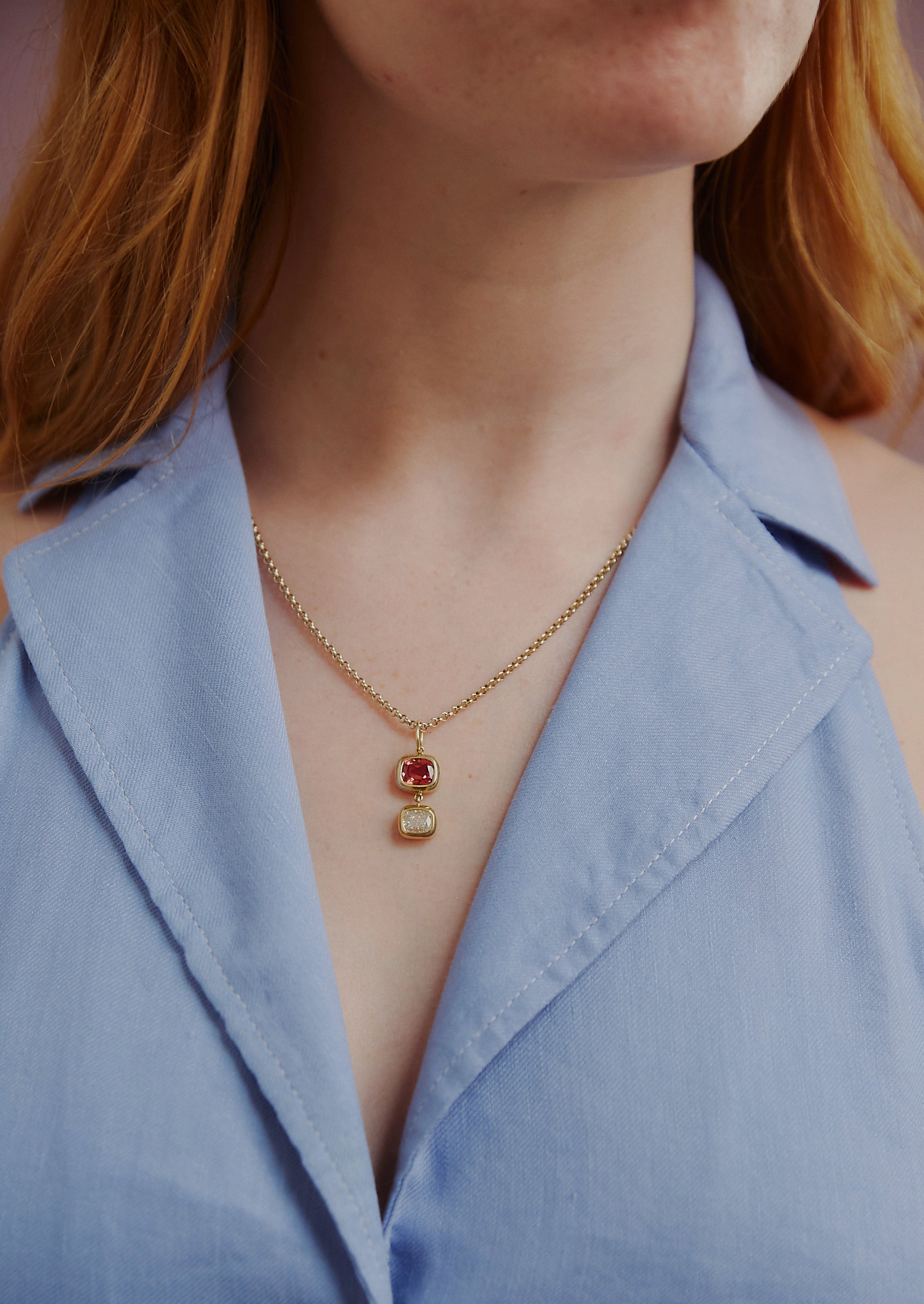 Red Spinel and Diamond pendant. Red Spinel and Diamond necklace. Natural red gemstone. Natural diamond necklace. Gemstone pendant. Gemstone necklace. 18 carat gold jewellery. Serena Ansell Jewellery. Fine jewellery London.