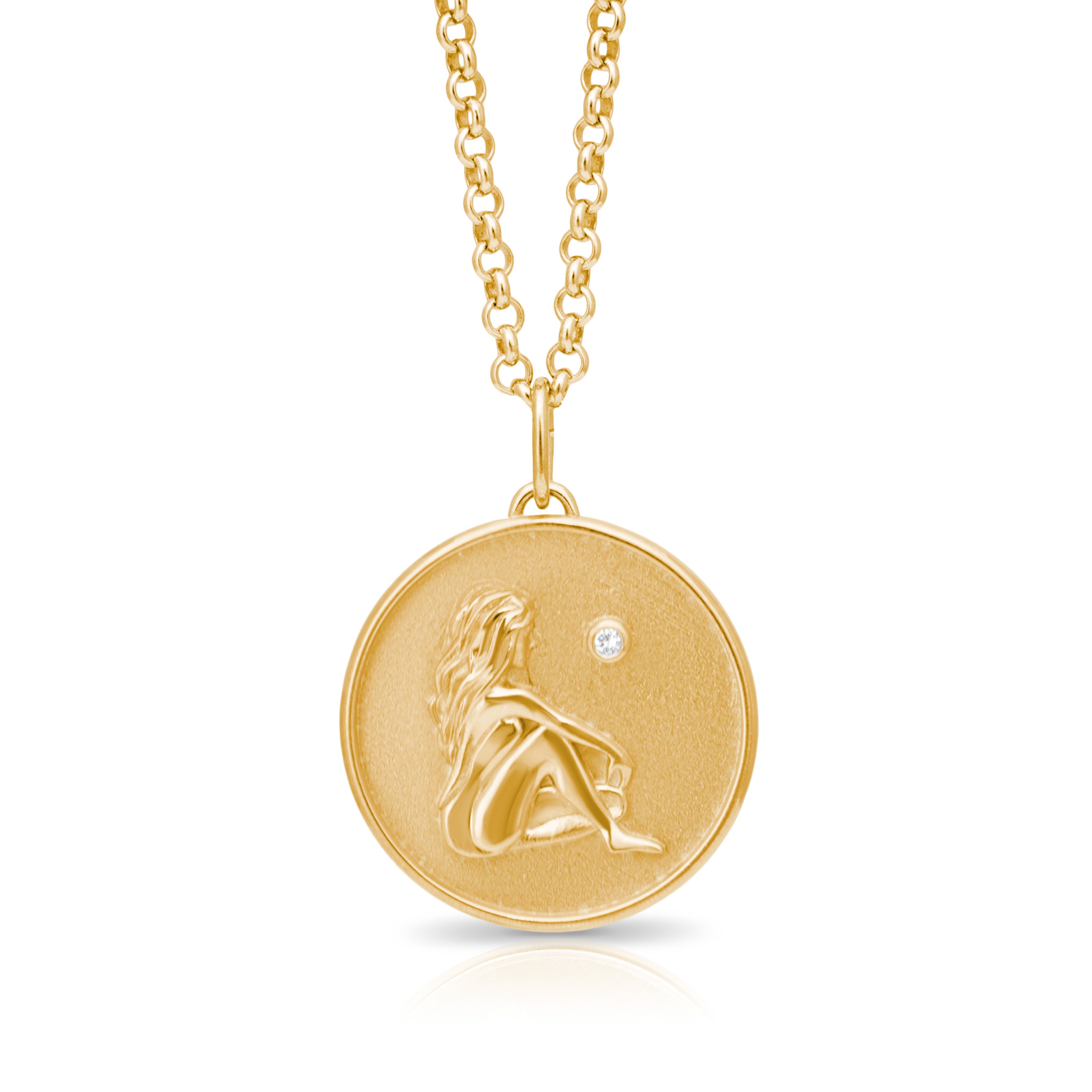 Virgo Zodiac pendant. Virgo Zodiac necklace.  Birthstone pendant. Birthstone jewellery. Medallion. Gold zodiac pendant. Solid gold and Diamond pendant. Disc pendant. Gold disc pendant.