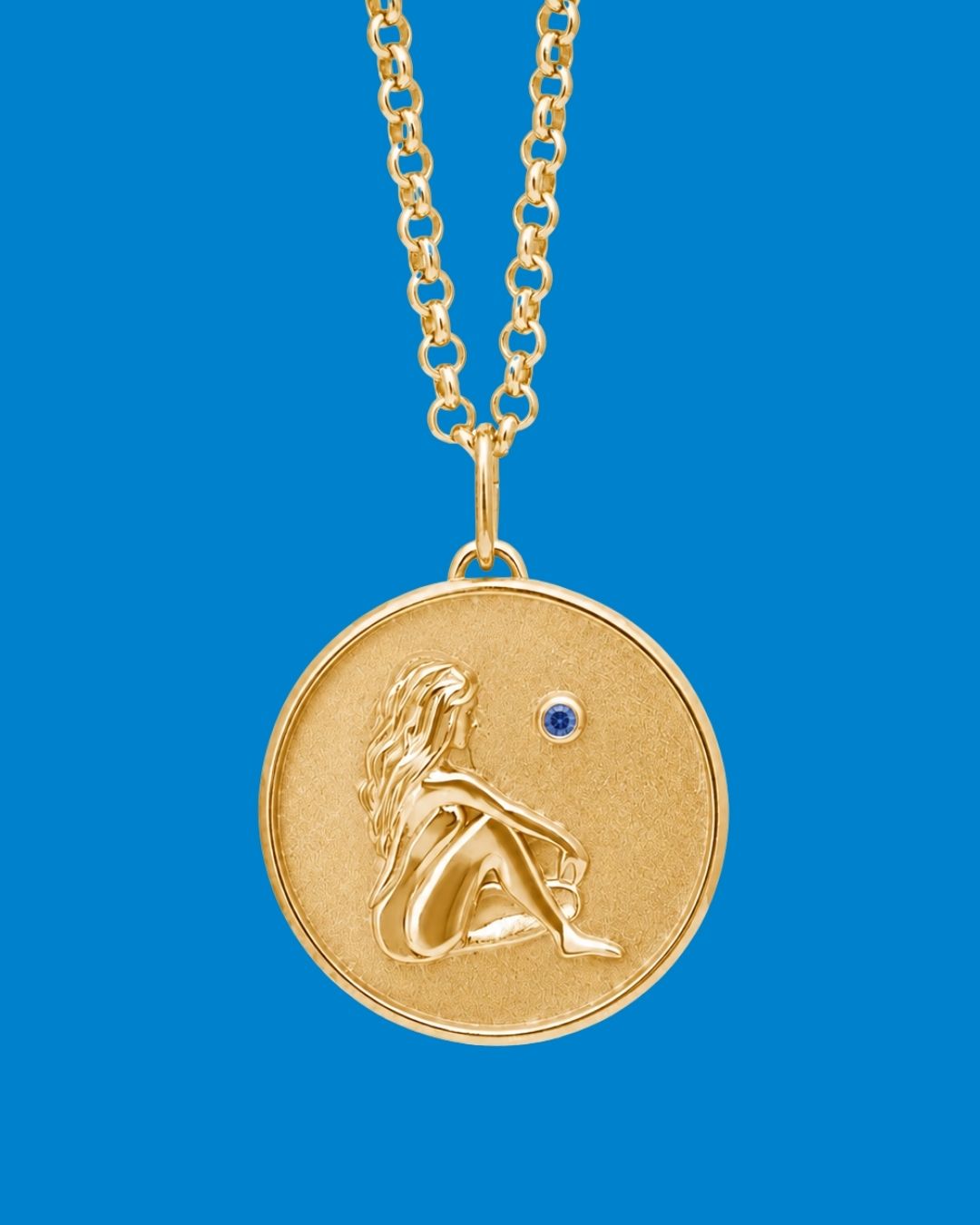 Virgo Zodiac pendant. Virgo Zodiac necklace.  Birthstone pendant. Birthstone jewellery. Medallion. Gold zodiac pendant. Solid gold and Sapphire pendant. Disc pendant. Gold disc pendant.