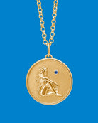 Virgo Zodiac pendant. Virgo Zodiac necklace.  Birthstone pendant. Birthstone jewellery. Medallion. Gold zodiac pendant. Solid gold and Sapphire pendant. Disc pendant. Gold disc pendant.