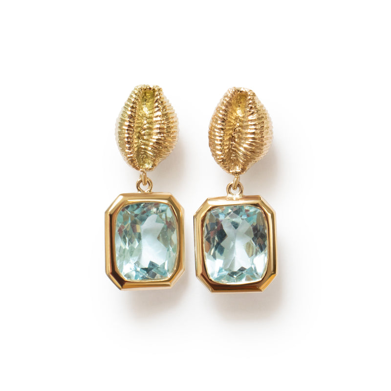 'Those Happy Places' collection Langland Bay Shell Earrings in Gold with a Cushion Cut Topaz Drop