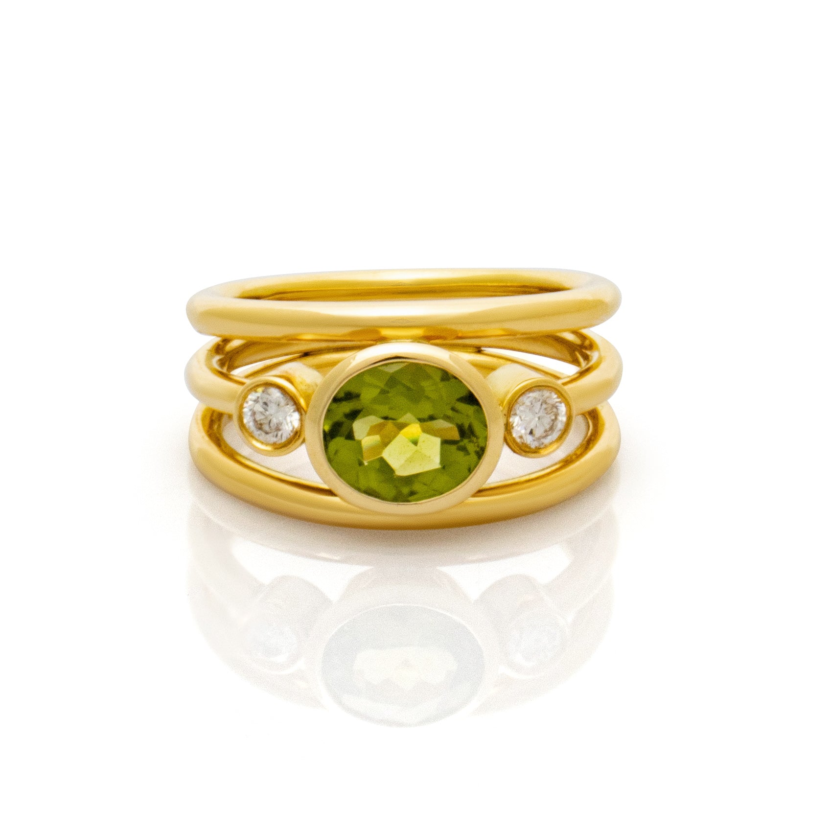 Peridot and diamond three band ring. Serena Ansell Bespoke Jewellery. Bespoke Jewellery Designer London. 