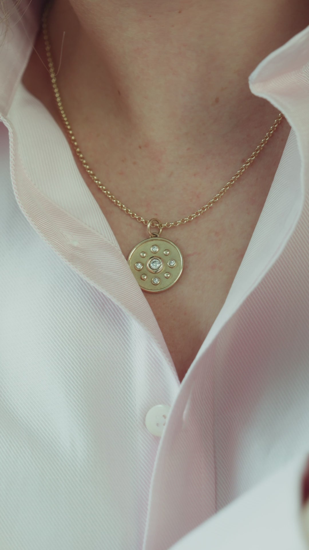 Medallion pendant. Gold medallion. Diamond medallion. Solid gold and diamond pendant. Diamond disc pendant. Gold disc pendant. 