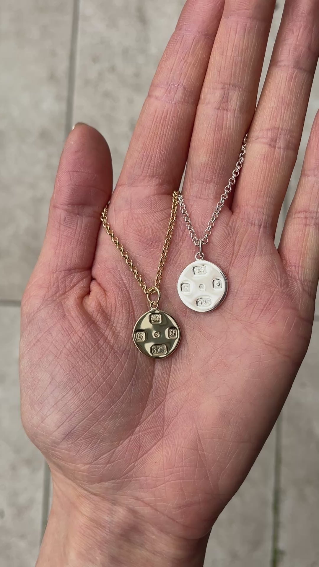 Gold disc pendant. Gold dog tag. Gold disc charm. Silver disc pendant. Silver disc charm. 