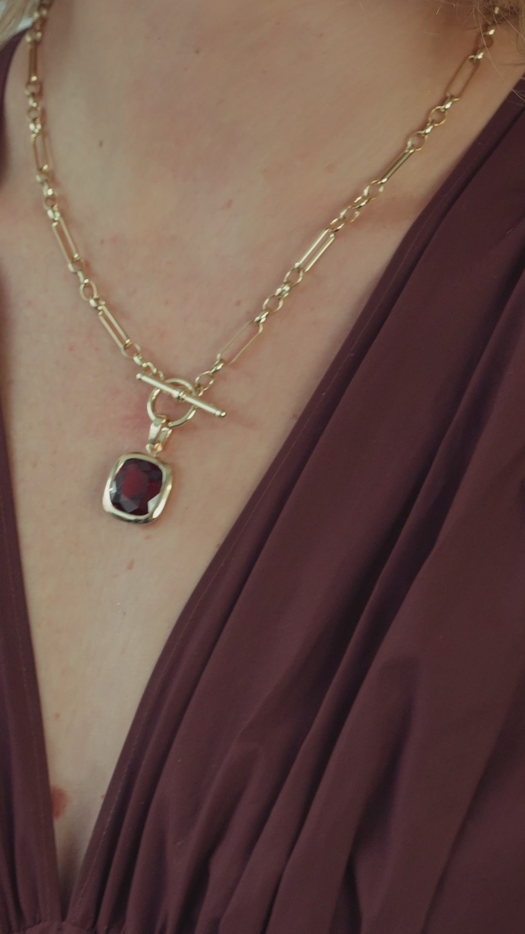 Red gemstone necklace. T-bar necklace. Garnet necklace. Big red gemstone pendant necklace